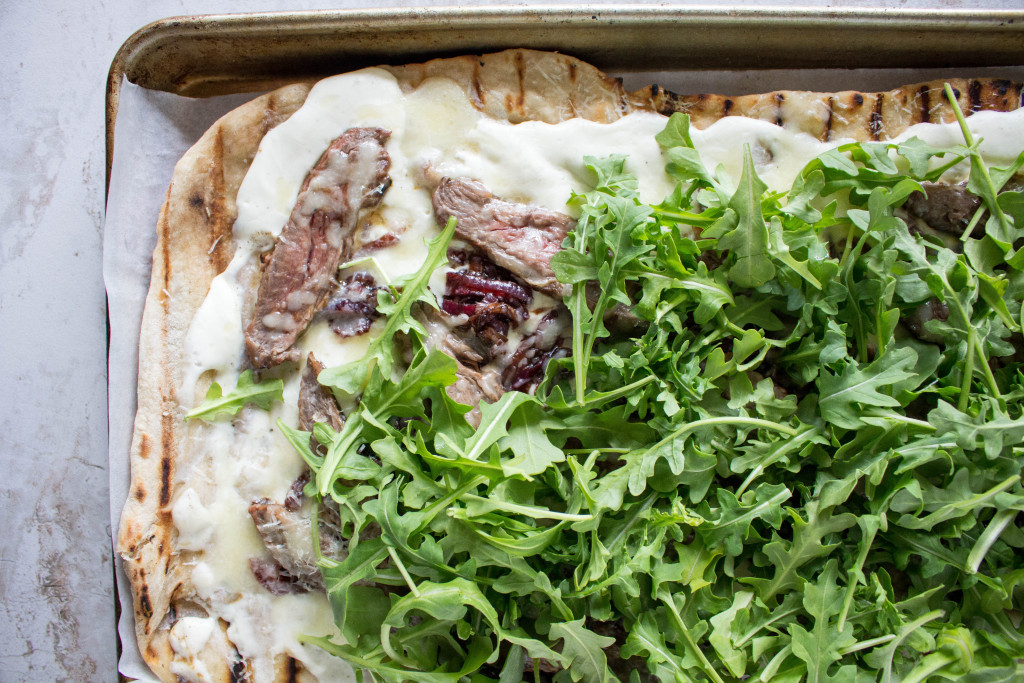 grilled skirt steak pizza with balsamic red onions & whipped ricotta