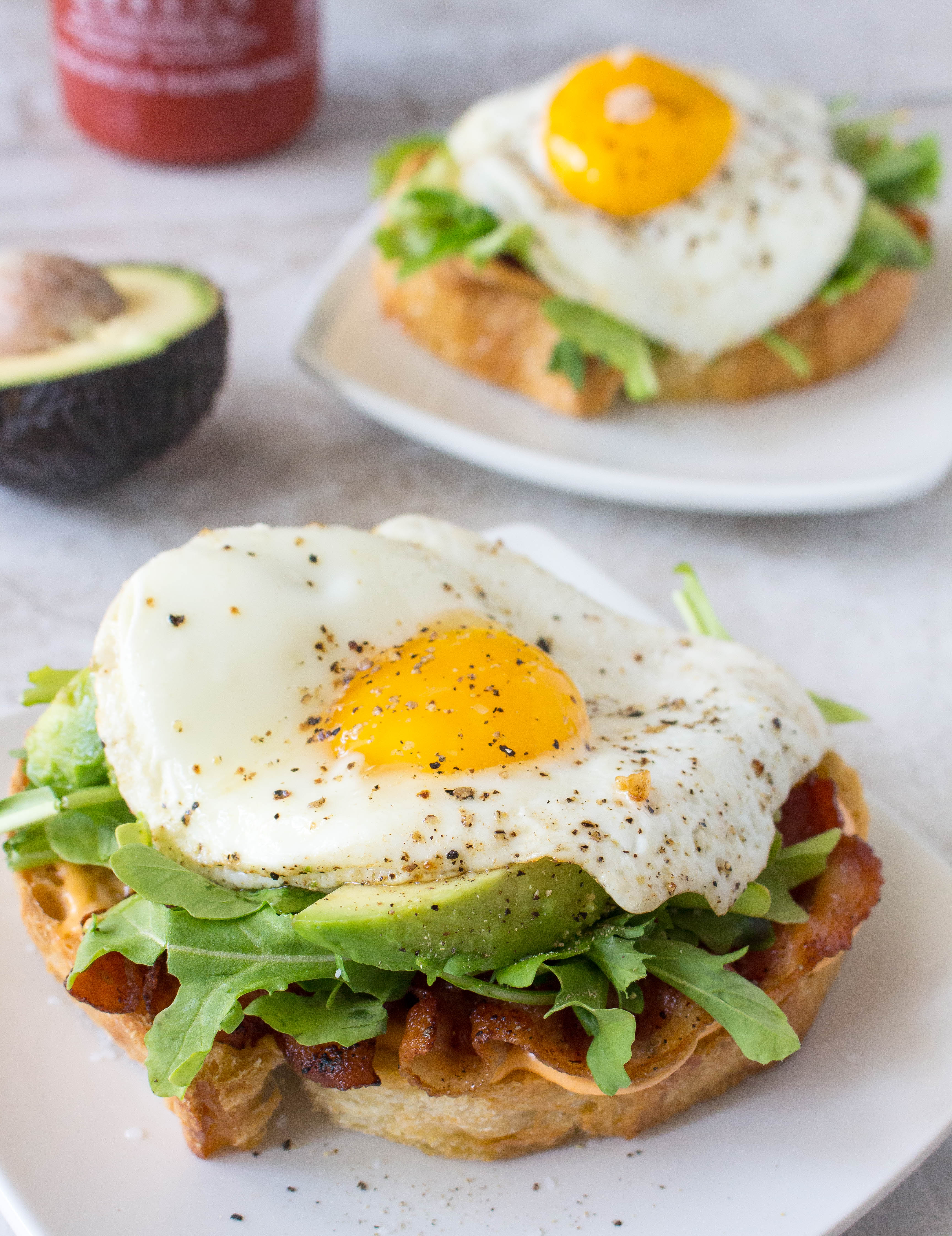 Open Face Egg Sandwiches With Bacon Avocado Sriracha Aioli