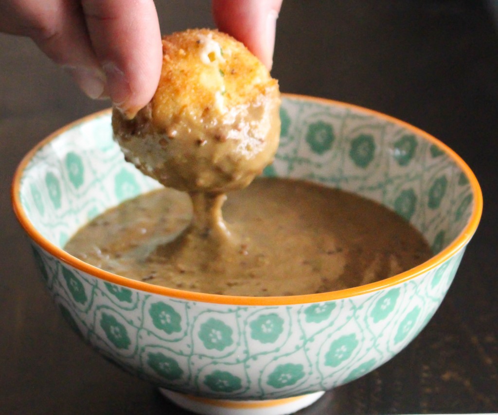 Smoked Gouda Fritters with Balsamic Honey Mustard Dipping Sauce | Yes to Yolks