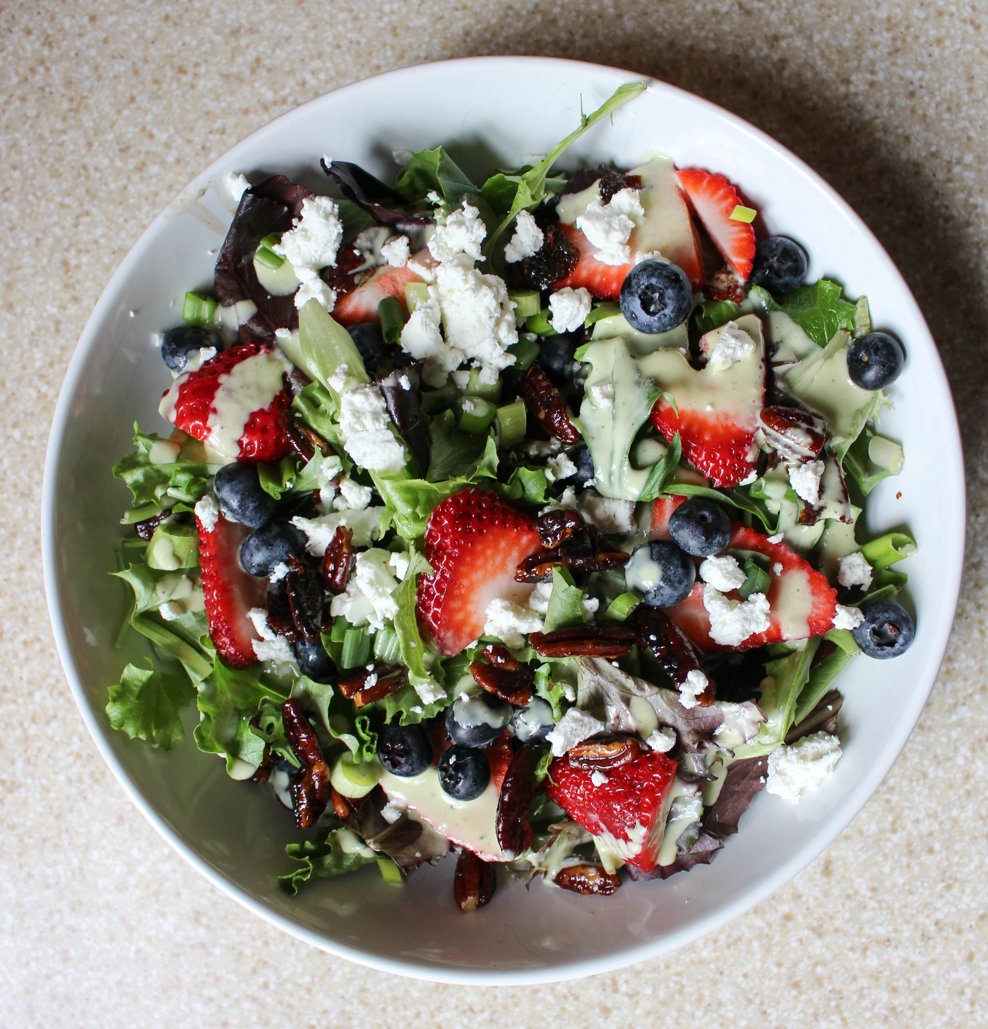 Salad with Spicy Pecans, Berries, & Goat Cheese-Scallion Dressing