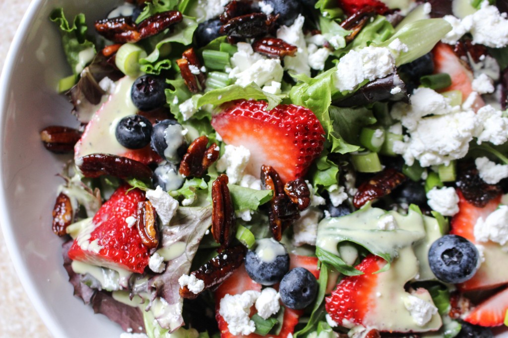 Salad with Spicy Pecans, Berries, & Goat Cheese-Scallion Dressing | Yes to Yolks