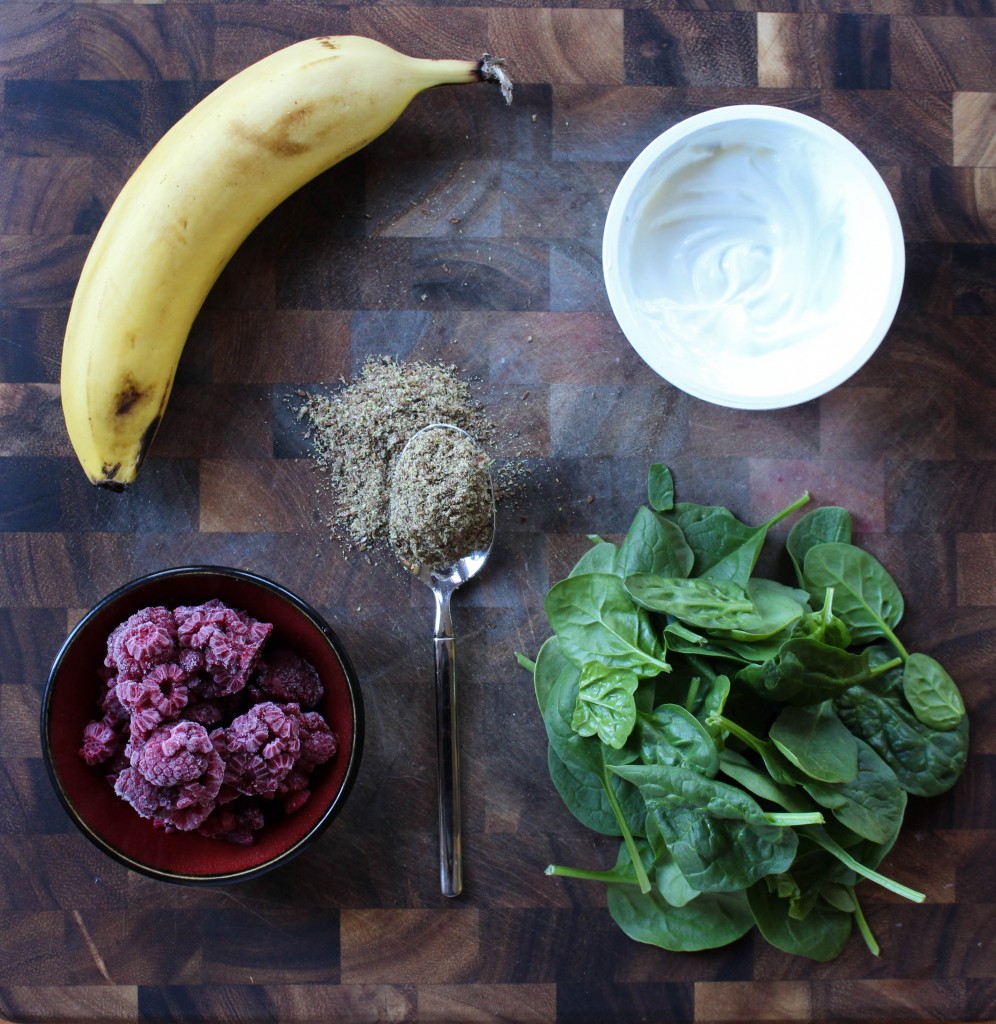 My Favorite Green Smoothie (made with banana, berries, spinach, yogurt, coconut water, and ground flax!) | Yes to Yolks 