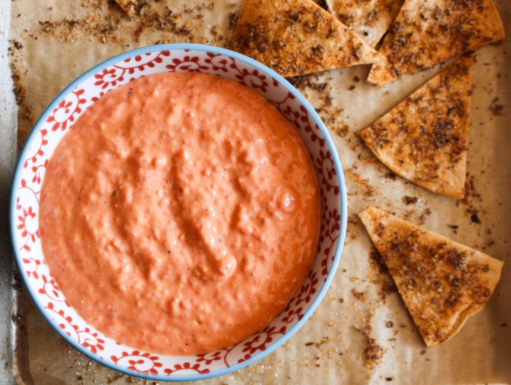 Healthy Roasted Red Pepper Dip & Homemade Flax Chips | Yes to Yolks