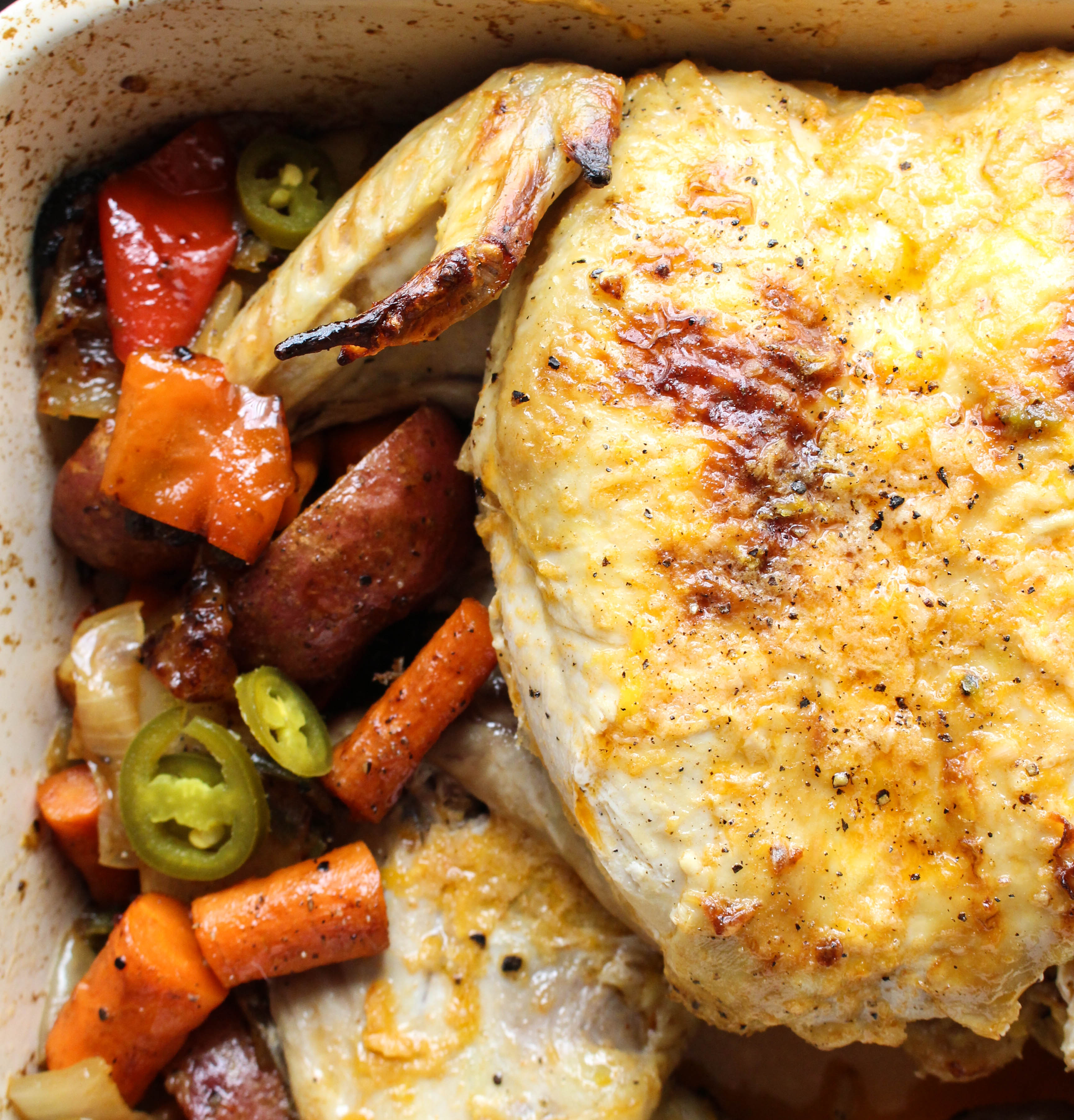 Spicy Roasted Spatchcocked Chicken & Veggies
