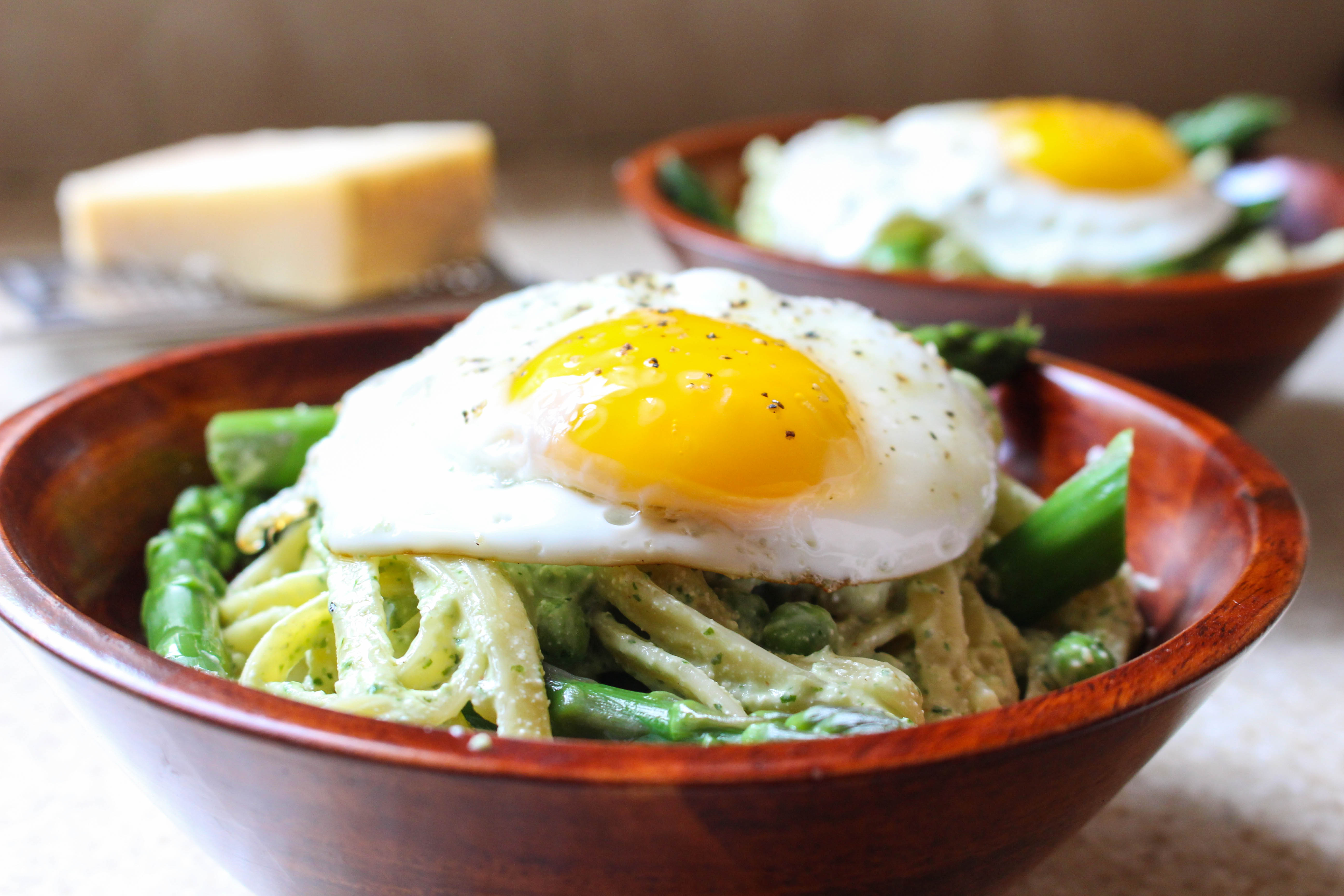Lightened-Up Pasta Carbonara with Asparagus & Fried Egg