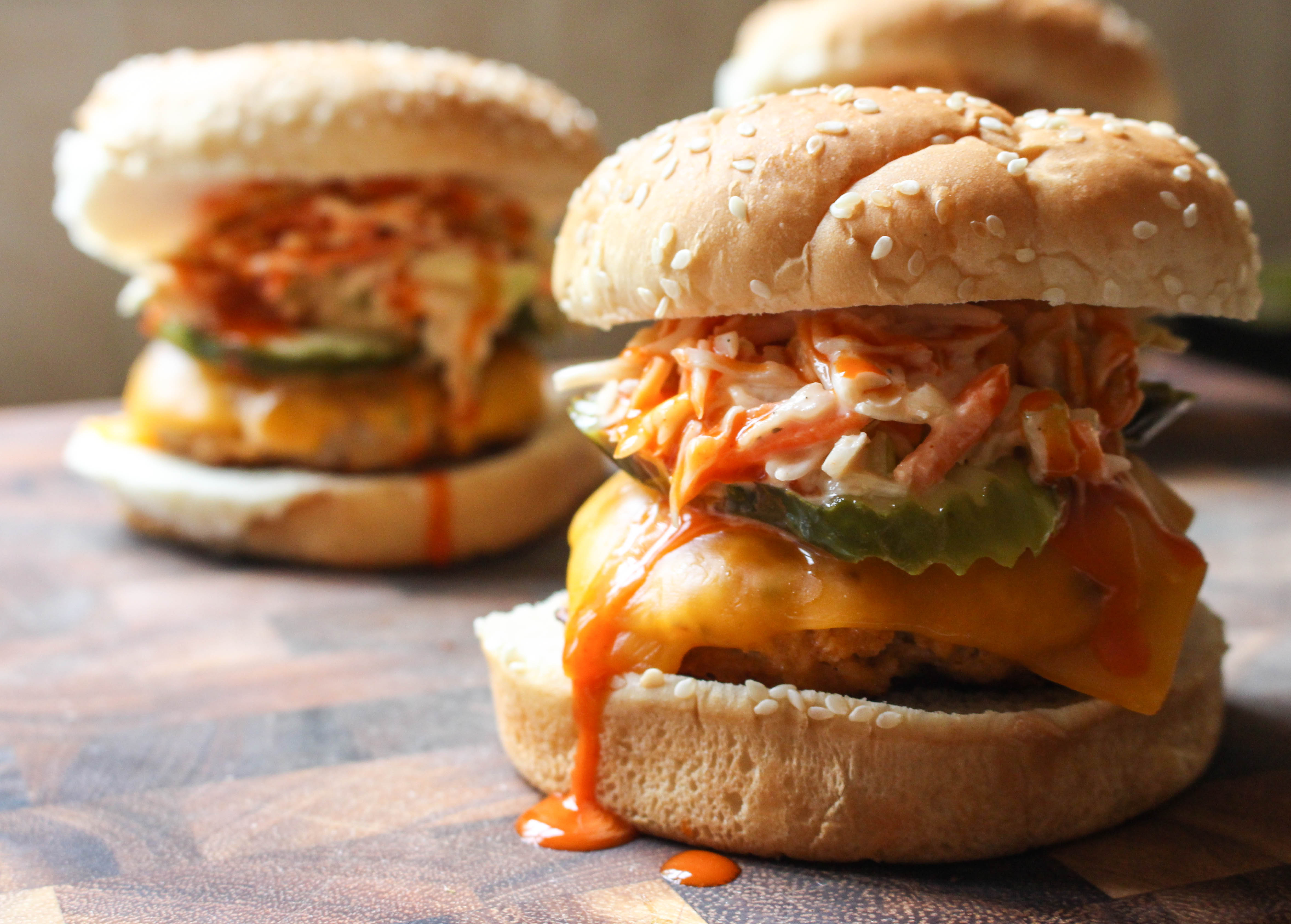 Buffalo Chicken Burgers with Celery Ranch Slaw