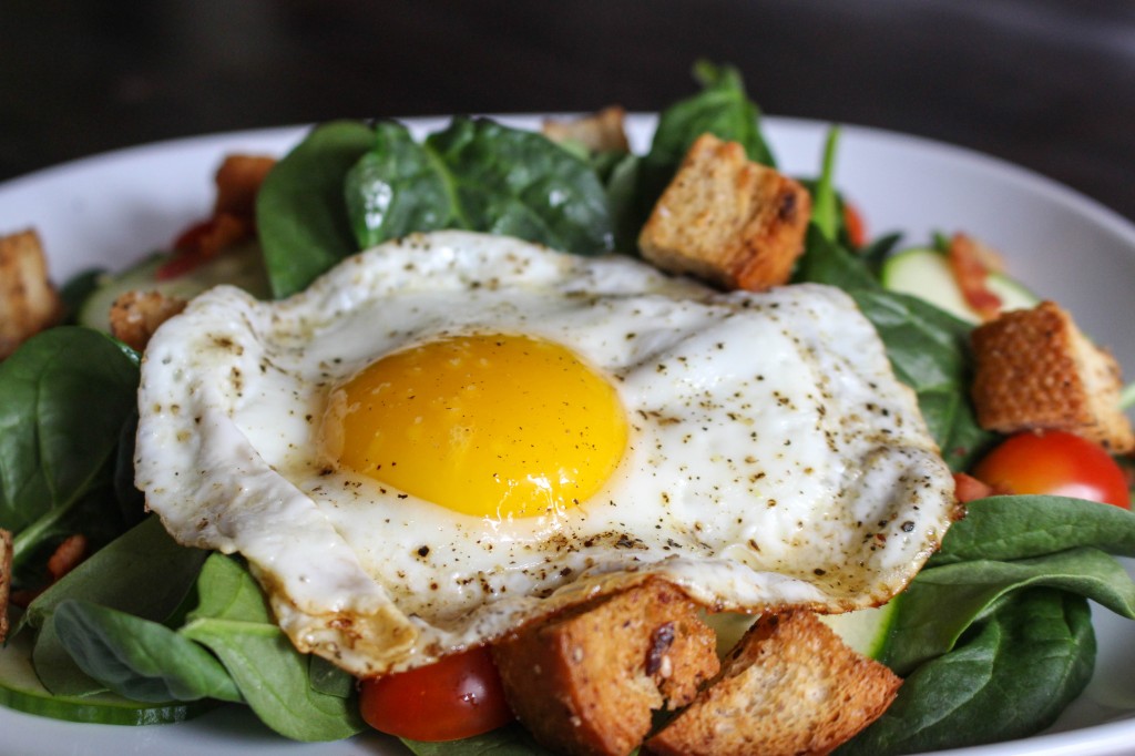 BLT Salad with Fried Egg & Spicy Bacon Croutons | Yes to Yolks