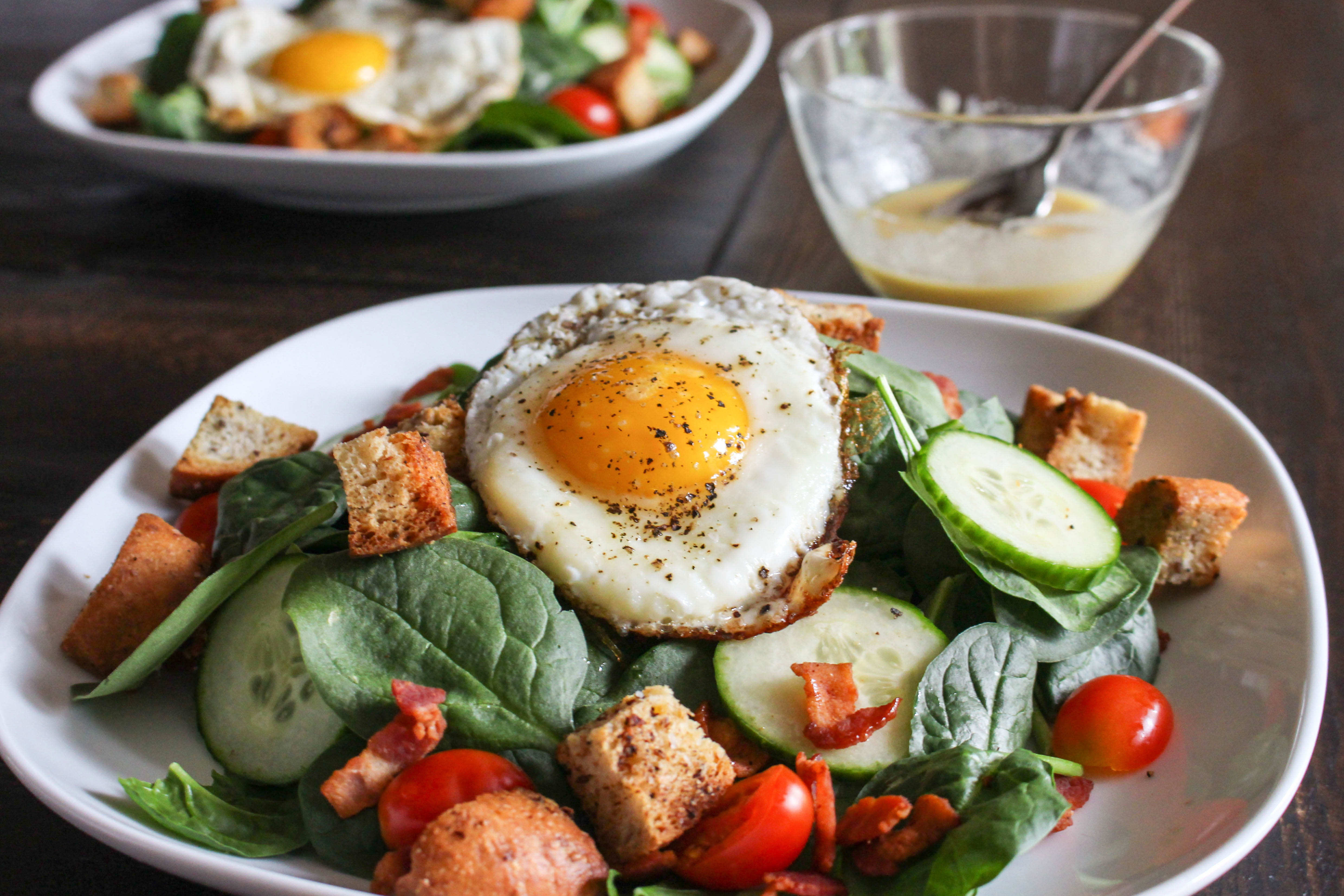 BLT Salad with Fried Egg & Spicy Bacon Croutons