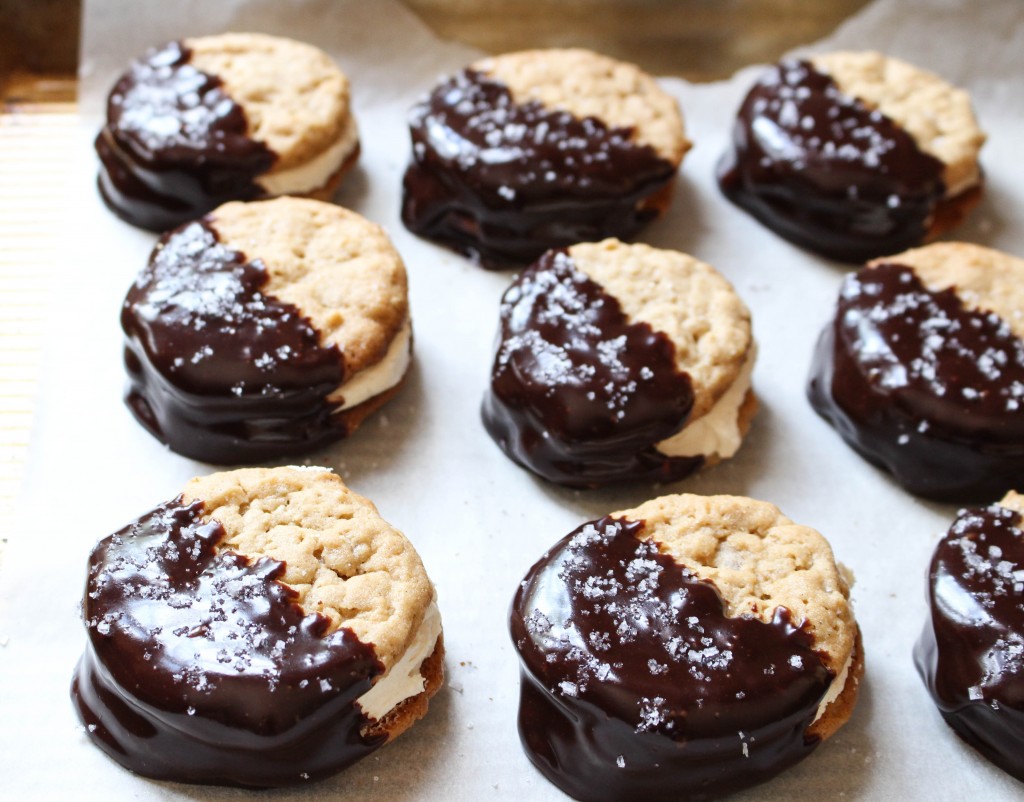 Chocolate-Dipped Peanut Butter Cookie Sandwiches with Salted Caramel Filling | Yes to Yolks