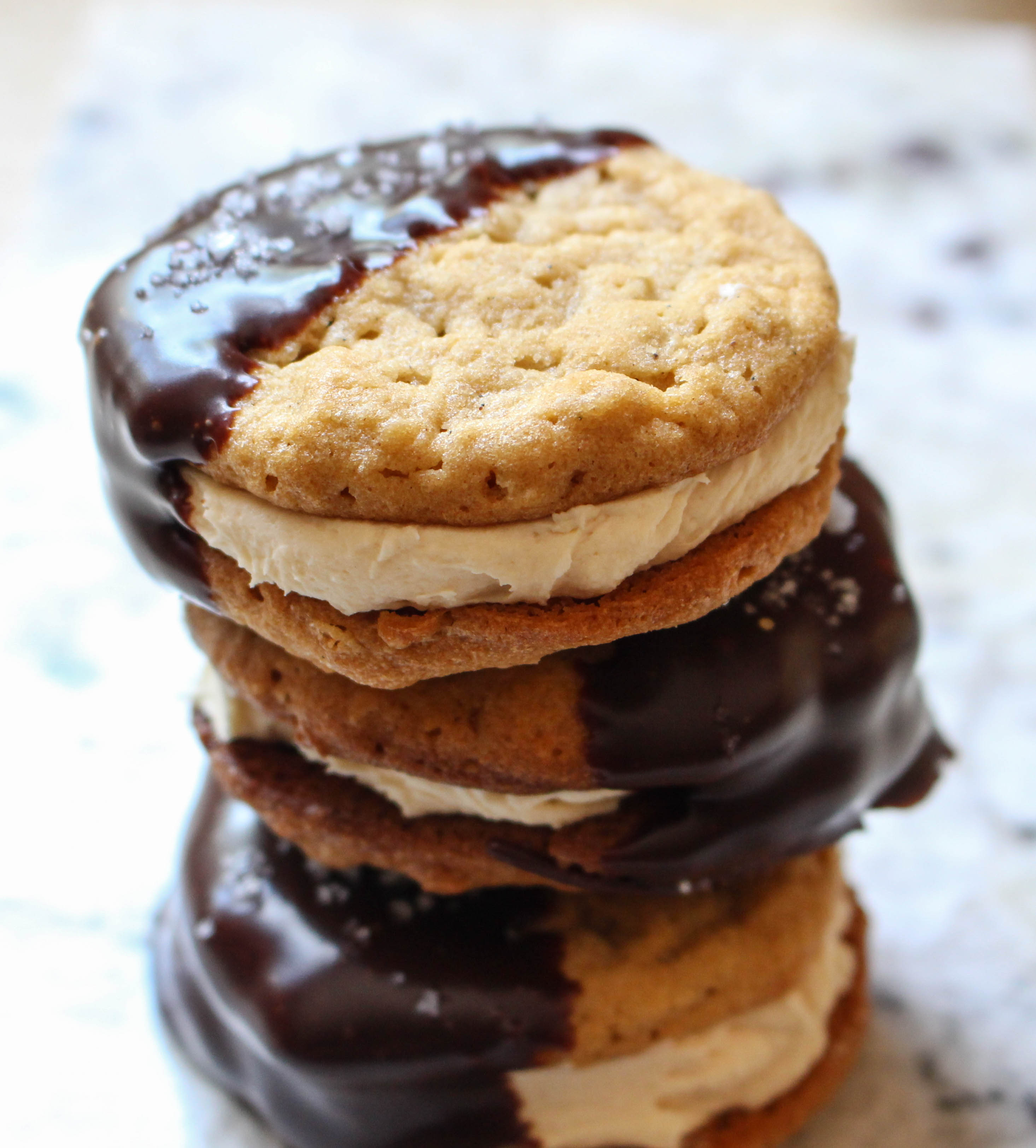 Chocolate-Dipped Peanut Butter Cookie Sandwiches with Salted Caramel Filling