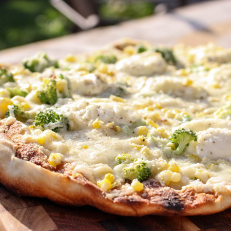 Grilled White Pizza with Ricotta, Corn, & Broccoli