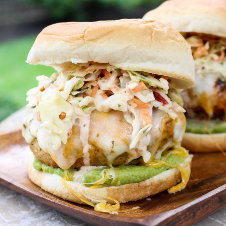 Mexican Turkey Burgers with Guacamole & Spicy Chipotle Slaw