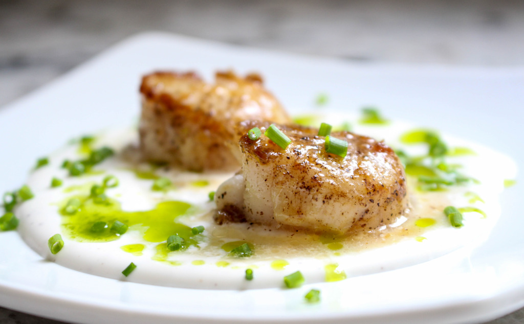 Seared Scallops with White Soy Cream & Chive Oil | Yes to Yolks
