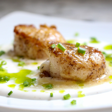 Seared Scallops with White Soy Cream & Chive Oil