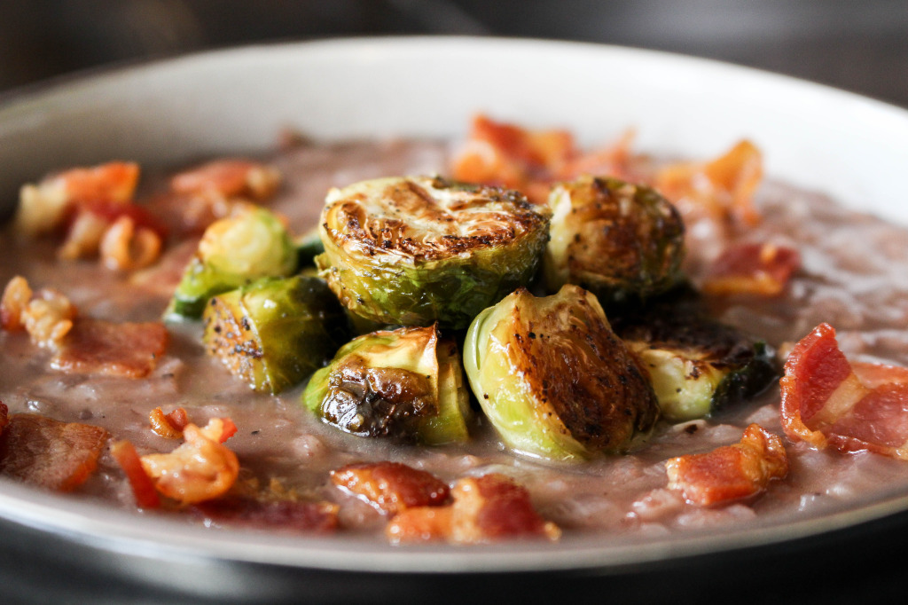 Red Wine Risotto with Bacon & Roasted Brussels Sprouts | Yes to Yolks
