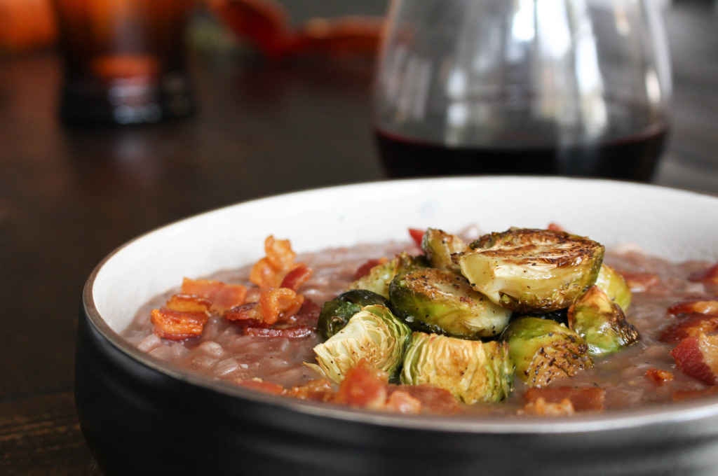 Red Wine Risotto with Bacon & Roasted Brussels Sprouts | Yes to Yolks