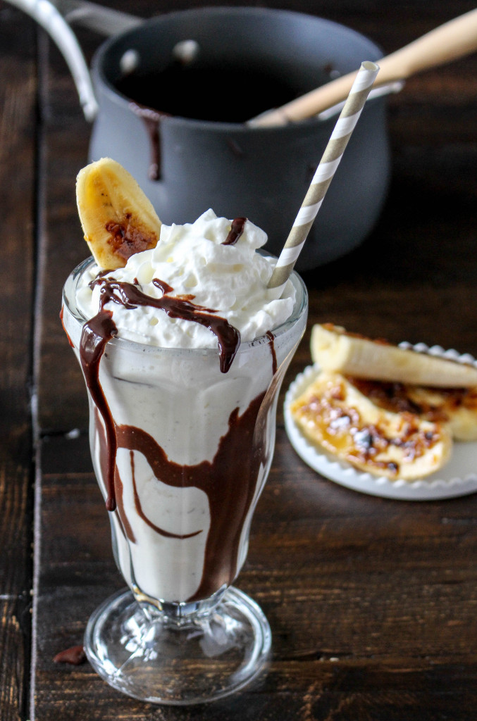 Bananas Foster Milkshakes with Bruléed Bananas & Salted Chocolate Sauce | Yes to Yolks