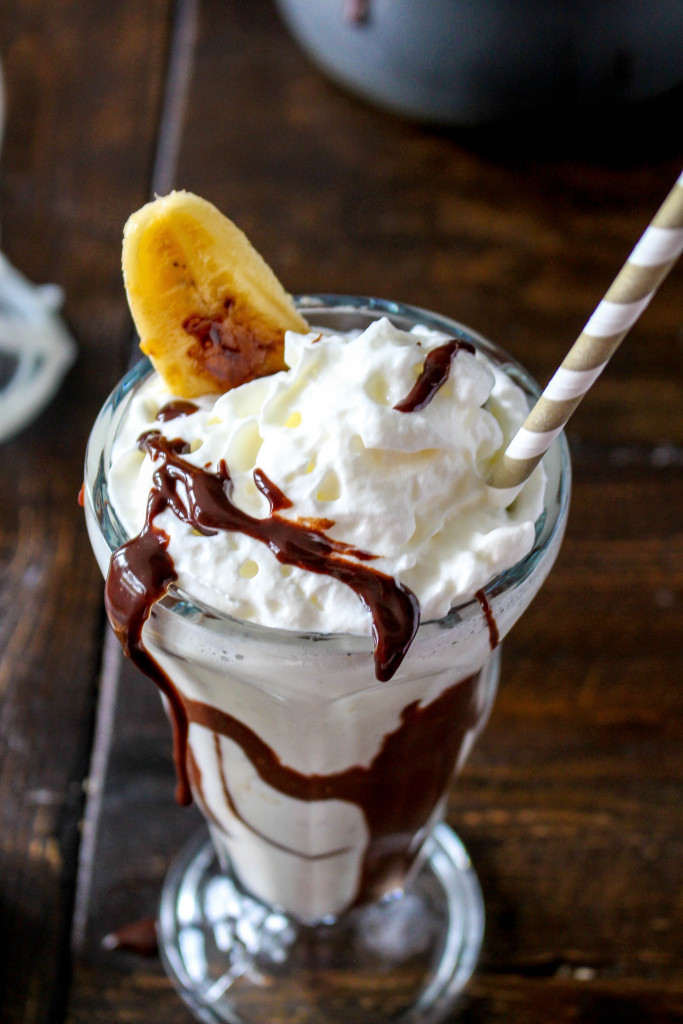Bananas Foster Milkshakes with Bruléed Bananas & Salted Chocolate Sauce | Yes to Yolks
