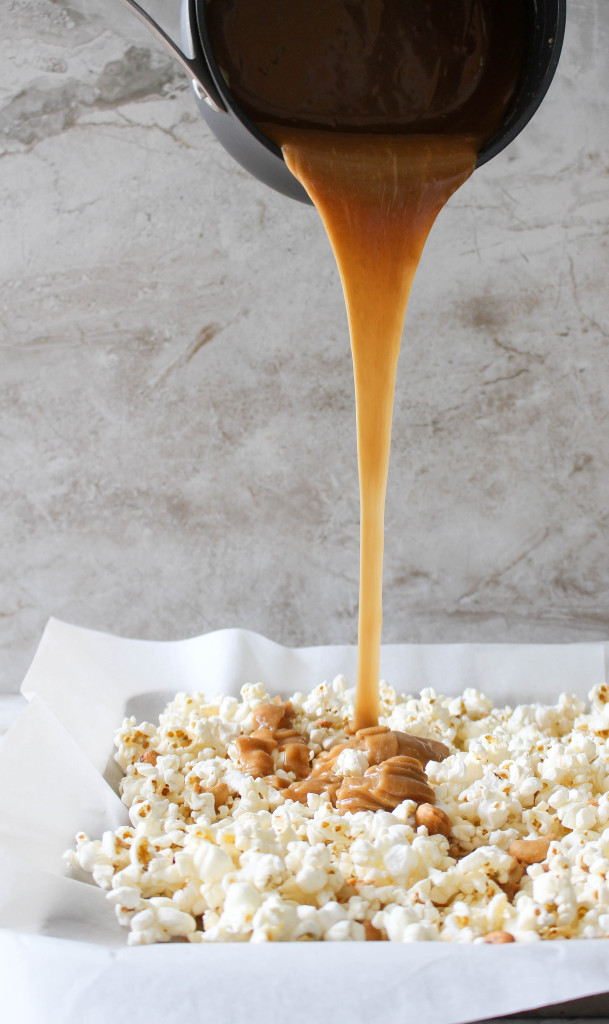 Popcorn with Cashews, Peanut Butter Caramel, & Chocolate Drizzle