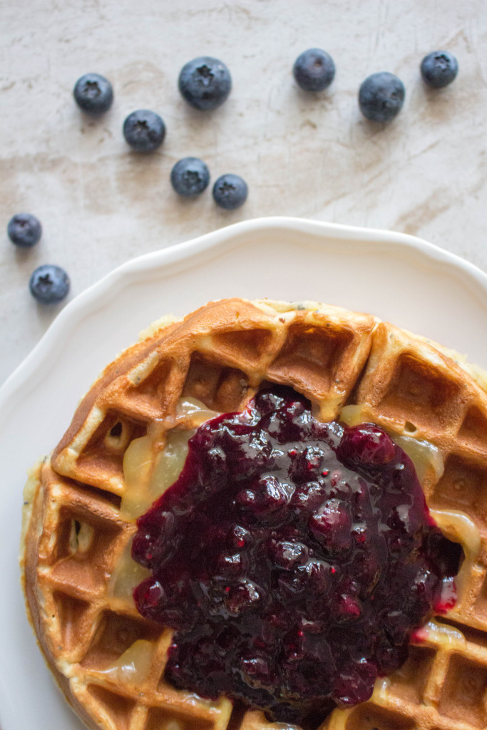 Lemon Poppy Seed Waffles with Lemon Curd & Blueberry Syrup