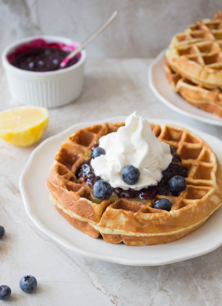 Lemon Poppy Seed Waffles with Lemon Curd & Blueberry Syrup