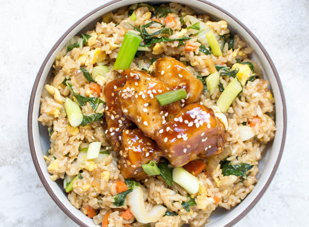 Fried Rice Bowls with Korean Chicken, Bok Choy & Scallions