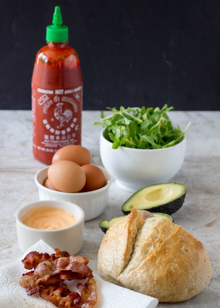 Open-Face Egg Sandwiches with Bacon, Avocado, & Sriracha Aioli
