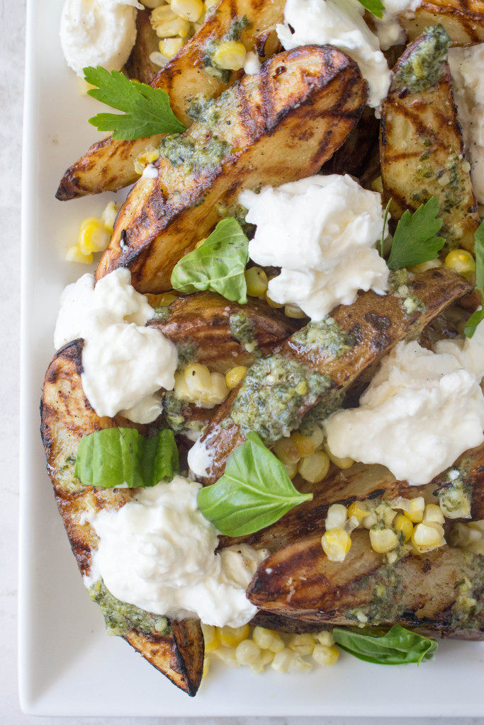 Grilled Garlic-Herb Potato Wedges with Corn, Pesto, & Burrata