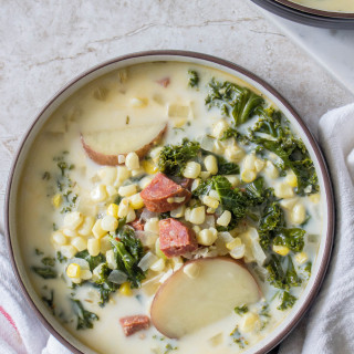 End-of-Summer Kale & Potato Soup with Corn & Chorizo