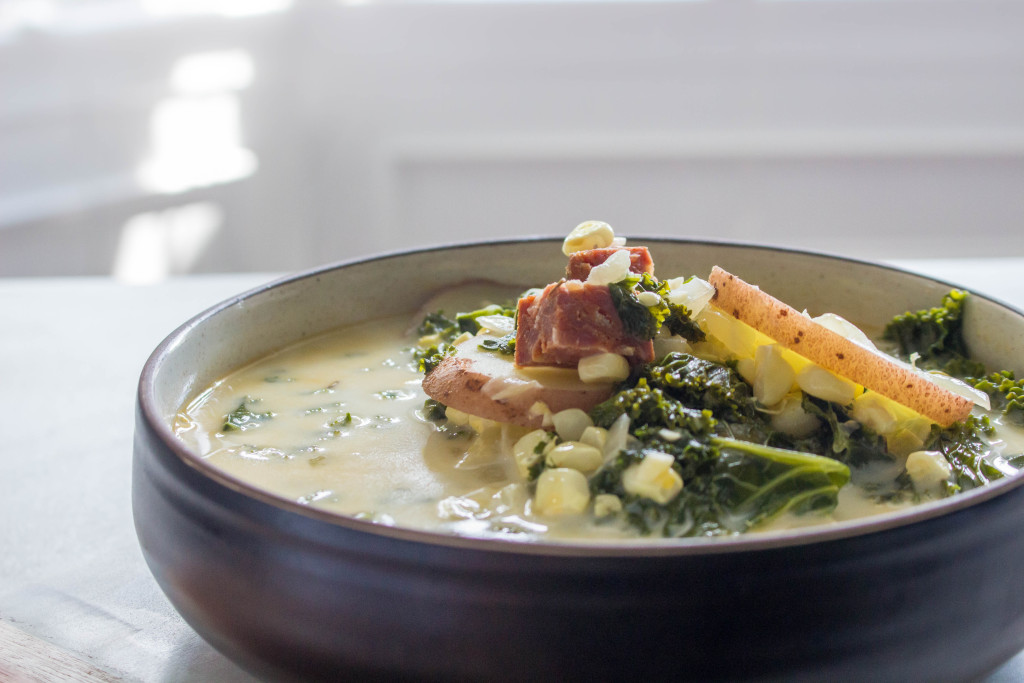 End-of-Summer Kale & Potato Soup with Corn & Chorizo