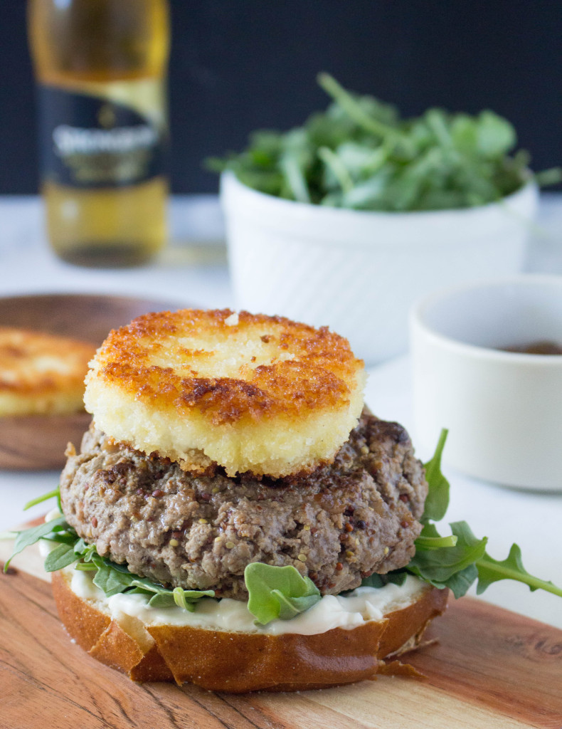 Mustard Burgers with Crispy Goat Cheese & Fig-Onion Compote