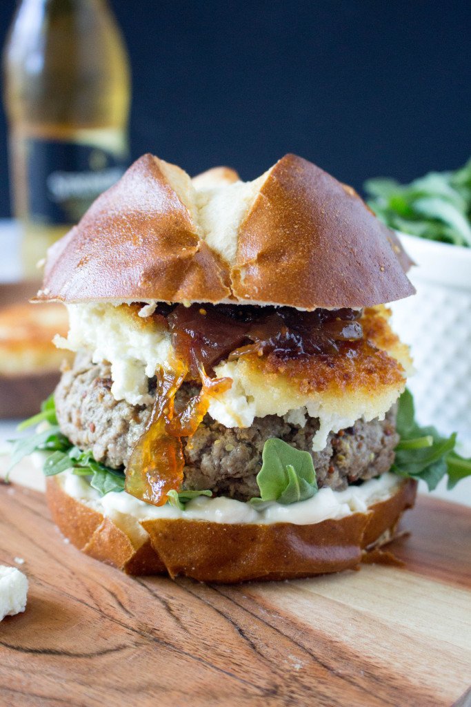 Mustard Burgers with Crispy Goat Cheese & Fig-Onion Compote