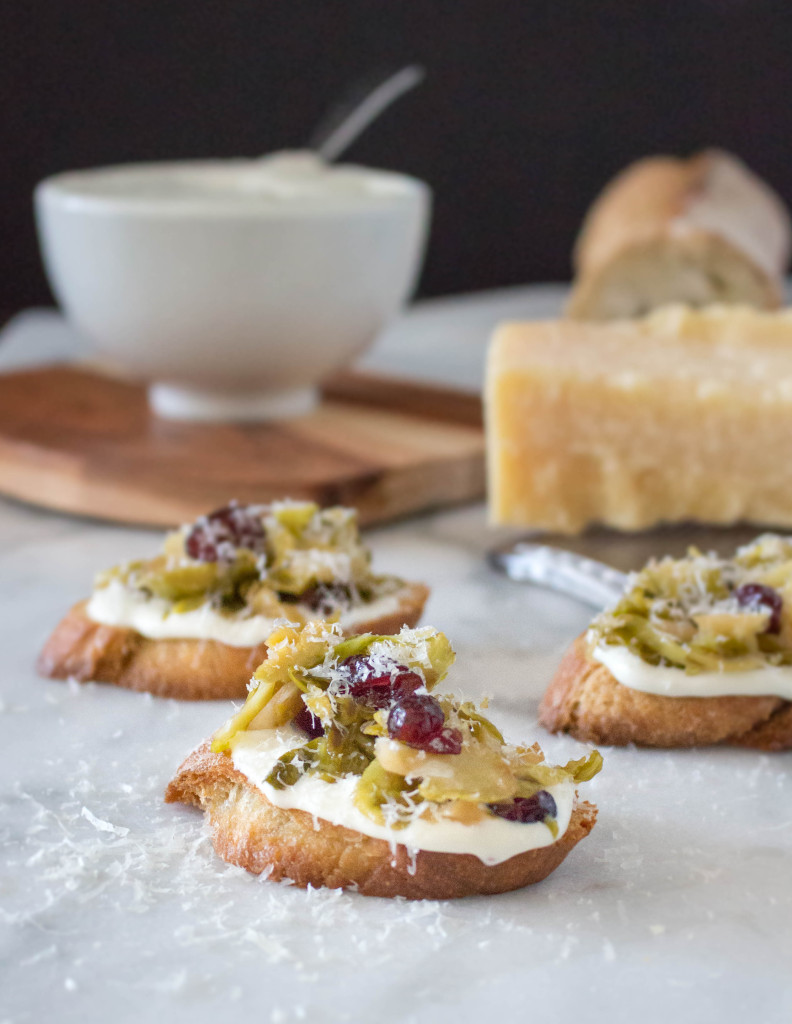Agrodolce Brussels Sprout Crostini with Whipped Ricotta | yestoyolks.com