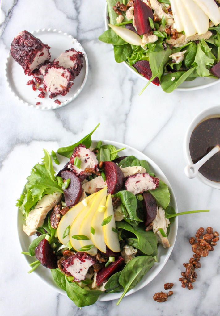 Grilled Chicken Salad with Goat Cheese, Roasted Beets, & Orange Balsamic Vinaigrette | yestoyolks.com