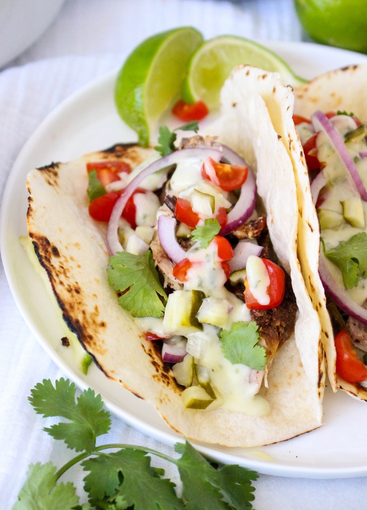 Mojo Pork Tacos with Herby Cheese Sauce | yestoyolks.com