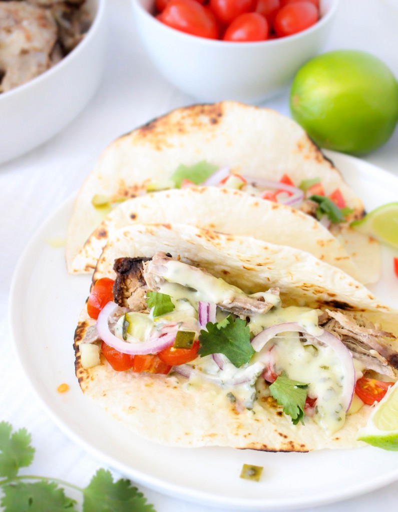 Mojo Pork Tacos with Herby Cheese Sauce | yestoyolks.com