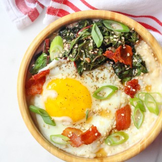 Savory Cheddar Oatmeal with Bacon, Garlicky Greens, & Eggs