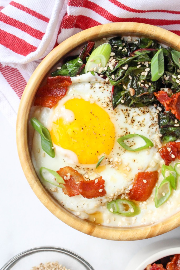 Savory Cheddar Oatmeal with Bacon, Garlicky Greens, & Eggs | yestoyolks..com