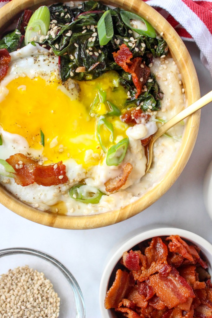 Savory Cheddar Oatmeal with Bacon, Garlicky Greens, & Eggs | yestoyolks..com