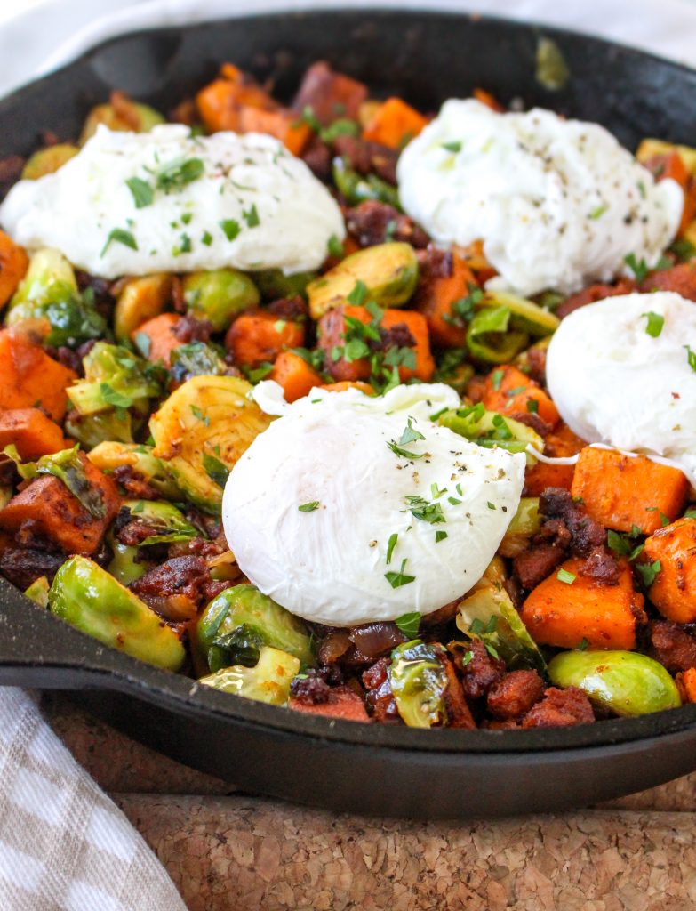 Brussels Sprout, Sweet Potato, & Chorizo Hash with Eggs | yestoyolks.com