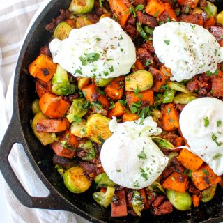 Brussels Sprout, Sweet Potato, & Chorizo Hash with Eggs