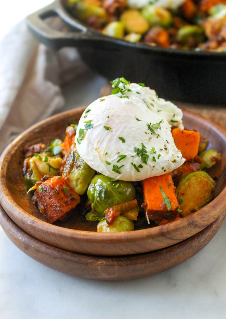 Brussels Sprout, Sweet Potato, & Chorizo Hash with Eggs | yestoyolks.com