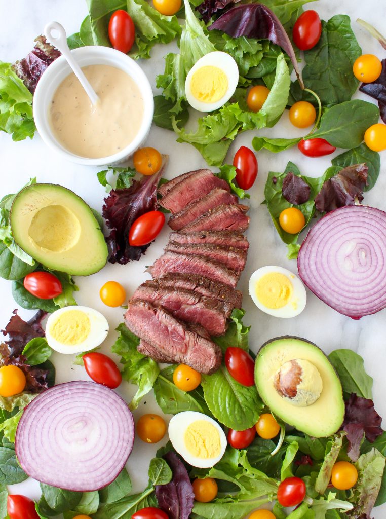 Steak Cobb Salad with Caramelized Onion-Yogurt Dressing | yestoyolks.com