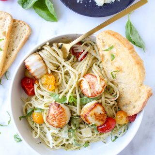 Pesto Linguine with Scallops & Blistered Tomatoes