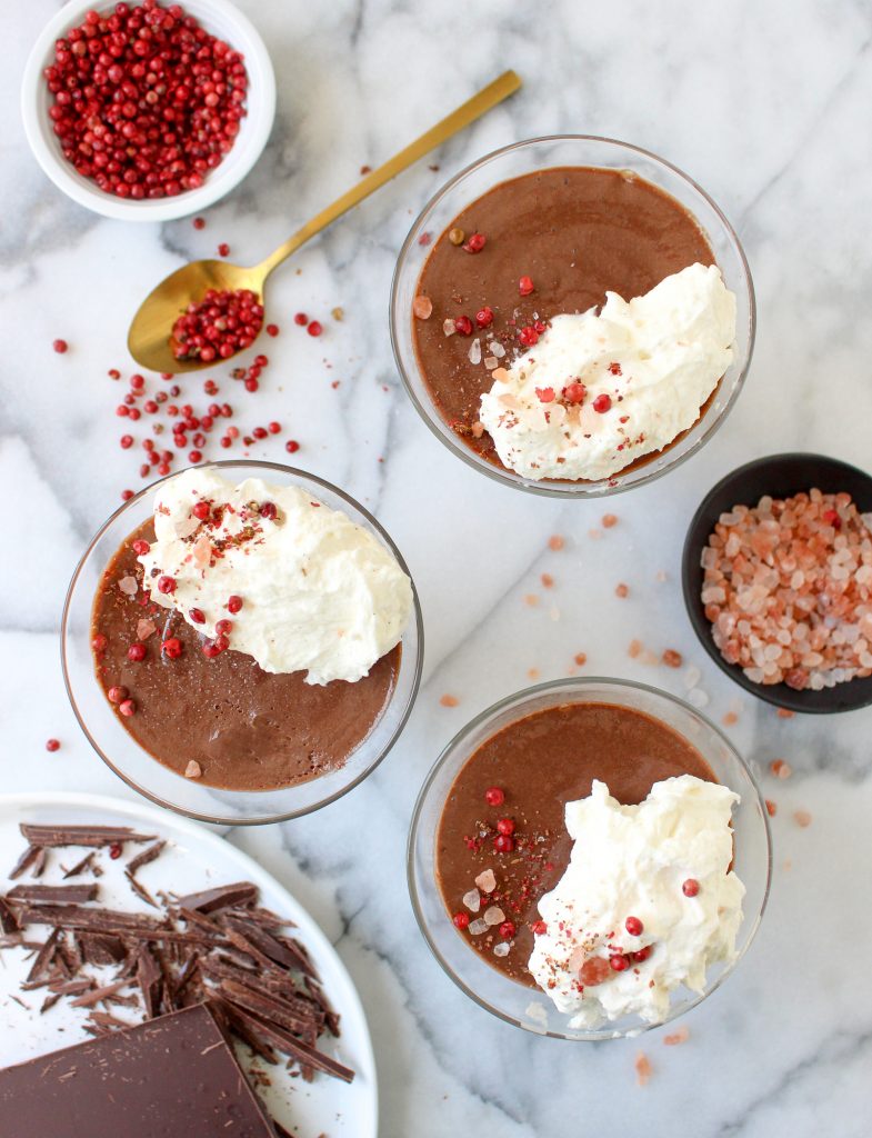 Chocolate Pots de Creme with Pink Peppercorns & Himalayan Sea Salt | yestoyolks.com