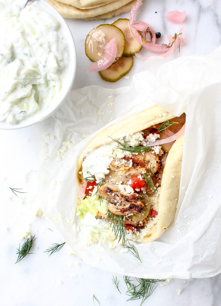 Greek Chicken Gyros with Tzatziki & Pickled Vegetables | yestoyolks.com
