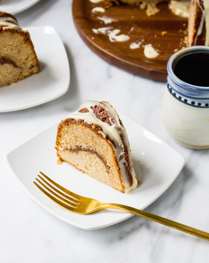 Cinnamon Roll Coffee Cake with Vanilla Bean Cream Cheese Glaze