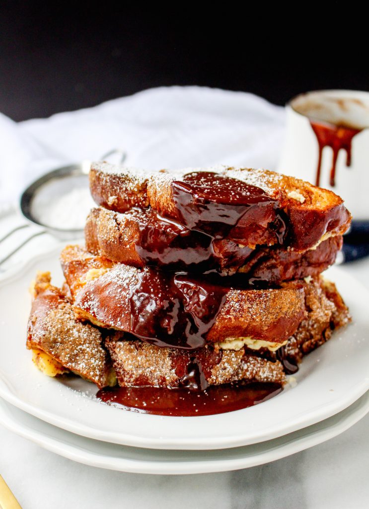 Churro French Toast Casserole with Mexican Chocolate Drizzle