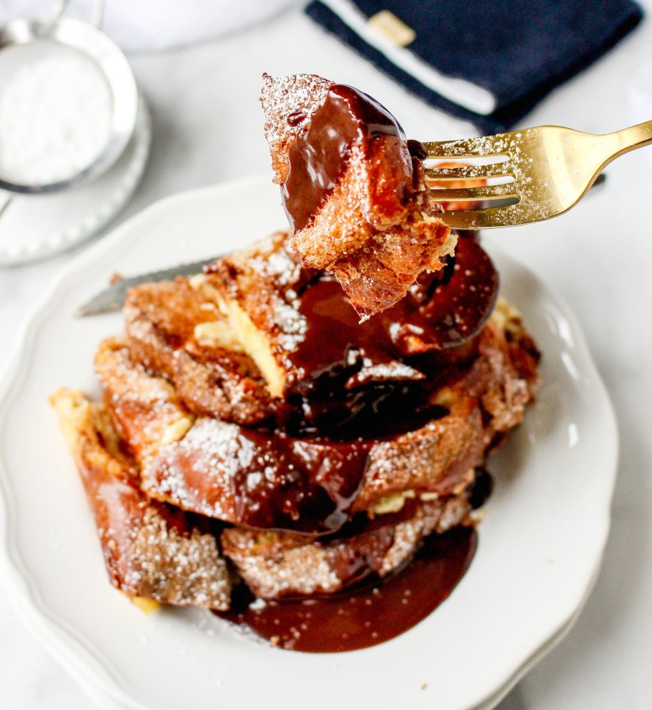 Churro French Toast Casserole with Mexican Chocolate Drizzle