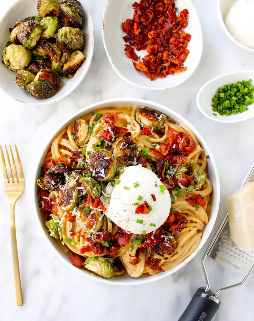 Caramelized Onion Carbonara with Brussels Sprouts & Burrata